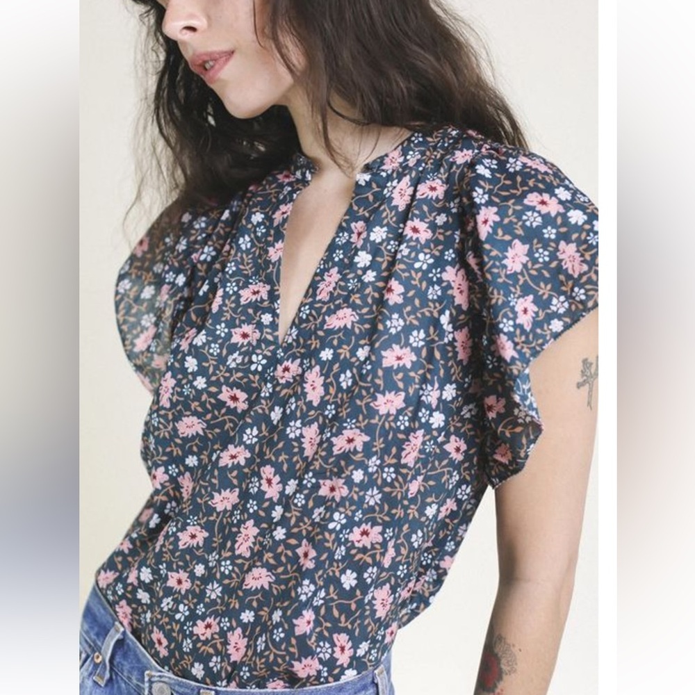 Trovata Birds of Paradis Brett Bohemian Tea Floral flutter Blouse Pink Green XS - Picture 5 of 10